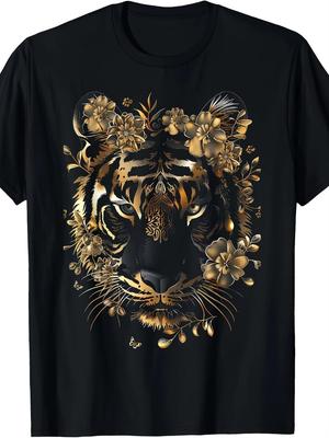 Herren/Damen Schwarz & Gold Tiger Blumen T-Shirt Schweres 220gsm Rundhals-T-Shirt mit Elegantem Tier-Blumenmuster