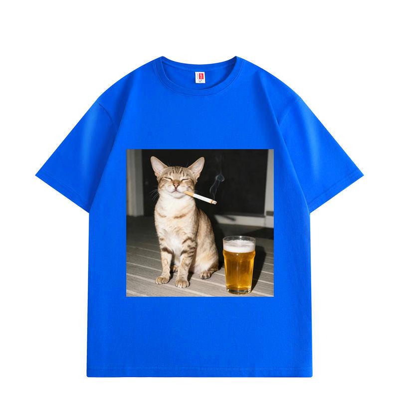 Funny Smoking and Drinking Cat Meme T Shirt High Quality Oversized T-shirts Men Women Casual Cotton Short Sleeve T-shirt