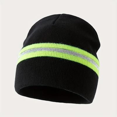 Unisex Beanie with Reflective Stripe Warm Knit Winter Hat for Men & Women Stretchable Cold Weather Skull Cap
