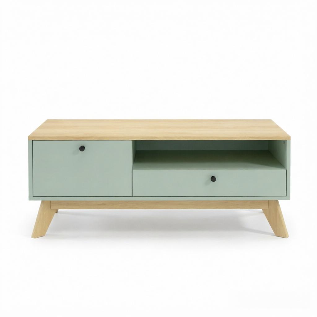 Coffee Table, Rectangular Side Table with Drawer, Door and Open Compartment