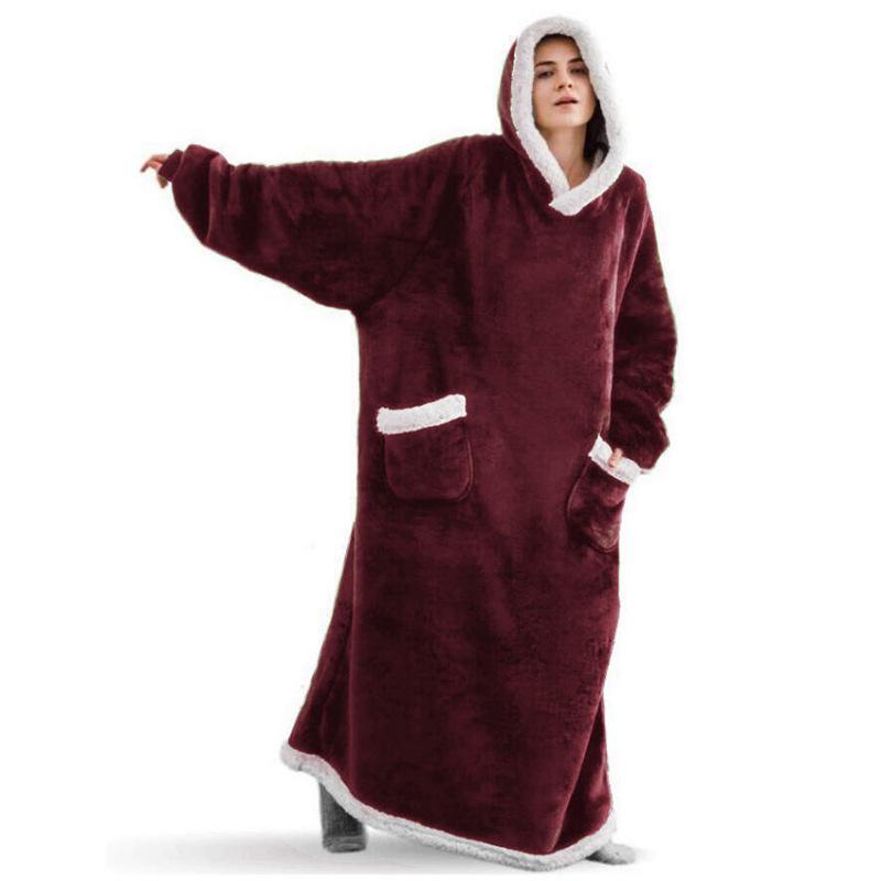 

2025 Super Long Flannel Blanket with Sleeves Winter Hoodies Sweatshirt Women Pullover Fleece Giant Bathrobe 120 кларет