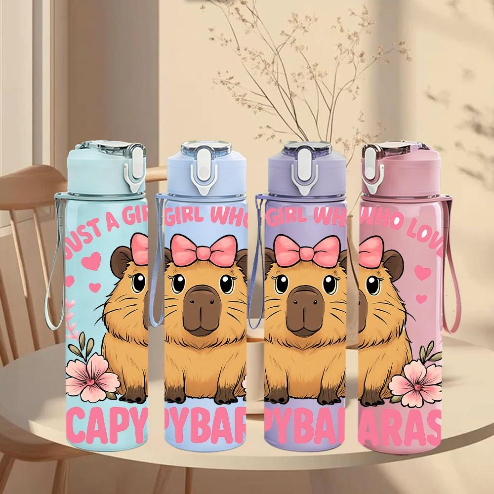 1PC Girl Who Love Capybaras Quote Print 750ml Color Plastic Sports Water Bottle Leakproof Flip Straw Lid Suitable for Sports Office Home Use