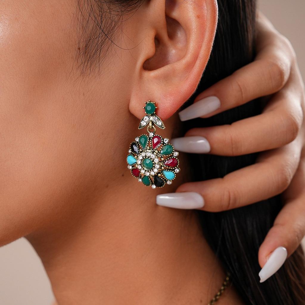 2 Pieces Set Rhinestone Inlaid Flower Water Drop Stud Earrings Necklace Vintage Light Luxury High Grade Jewelry Gift Party