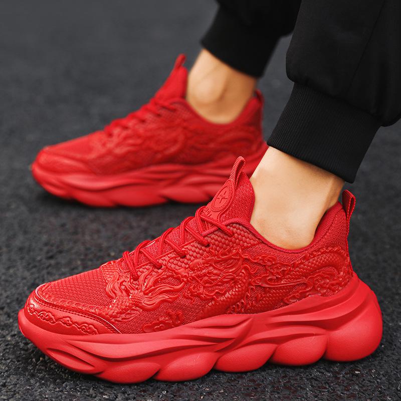 Big Red Chinese New Year Shoes Three-dimensional Pattern Dragon New Sports Shoes Handsome Dad Shoes Lightweight Net Running Shoes
