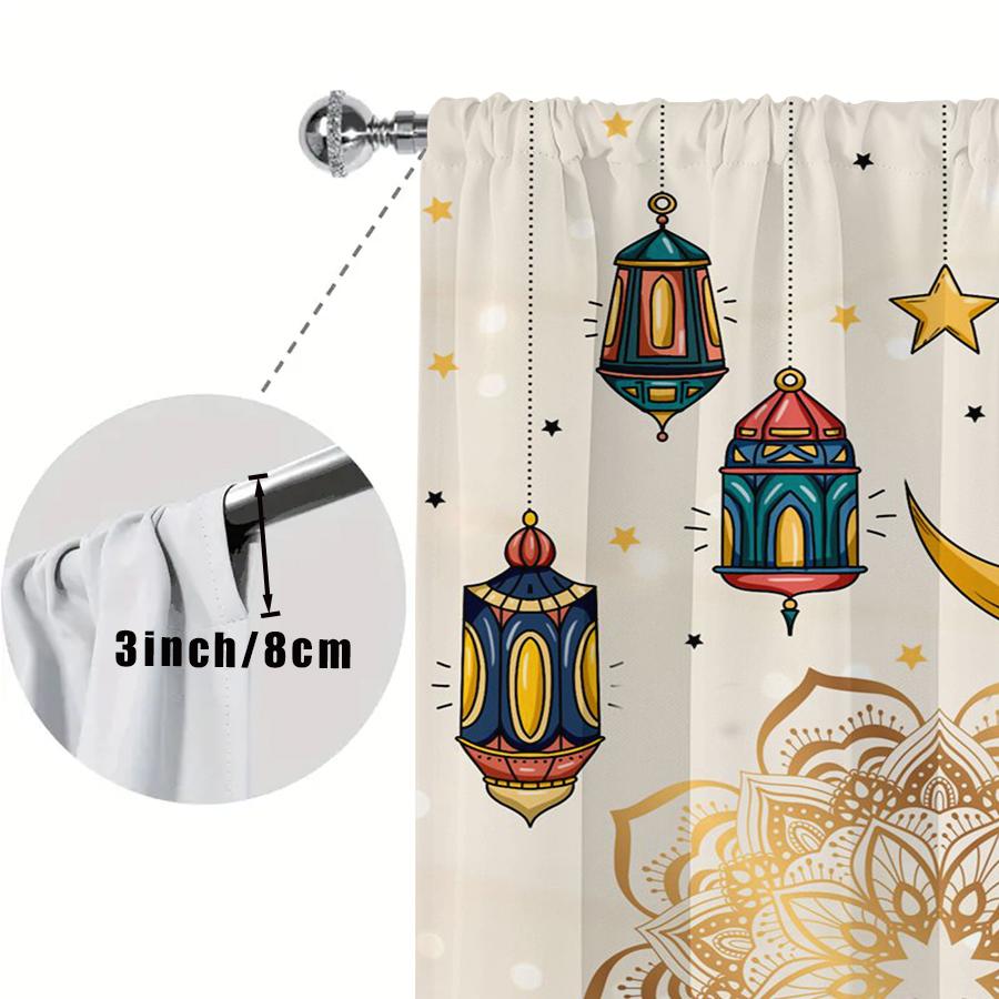 Golden Mandala Floral Curtains Flat Cartoon Lantern Stars Moon Print Polyester Fiber Ramadan Eid Window Decor Curtain Set Of 2 Made Washable