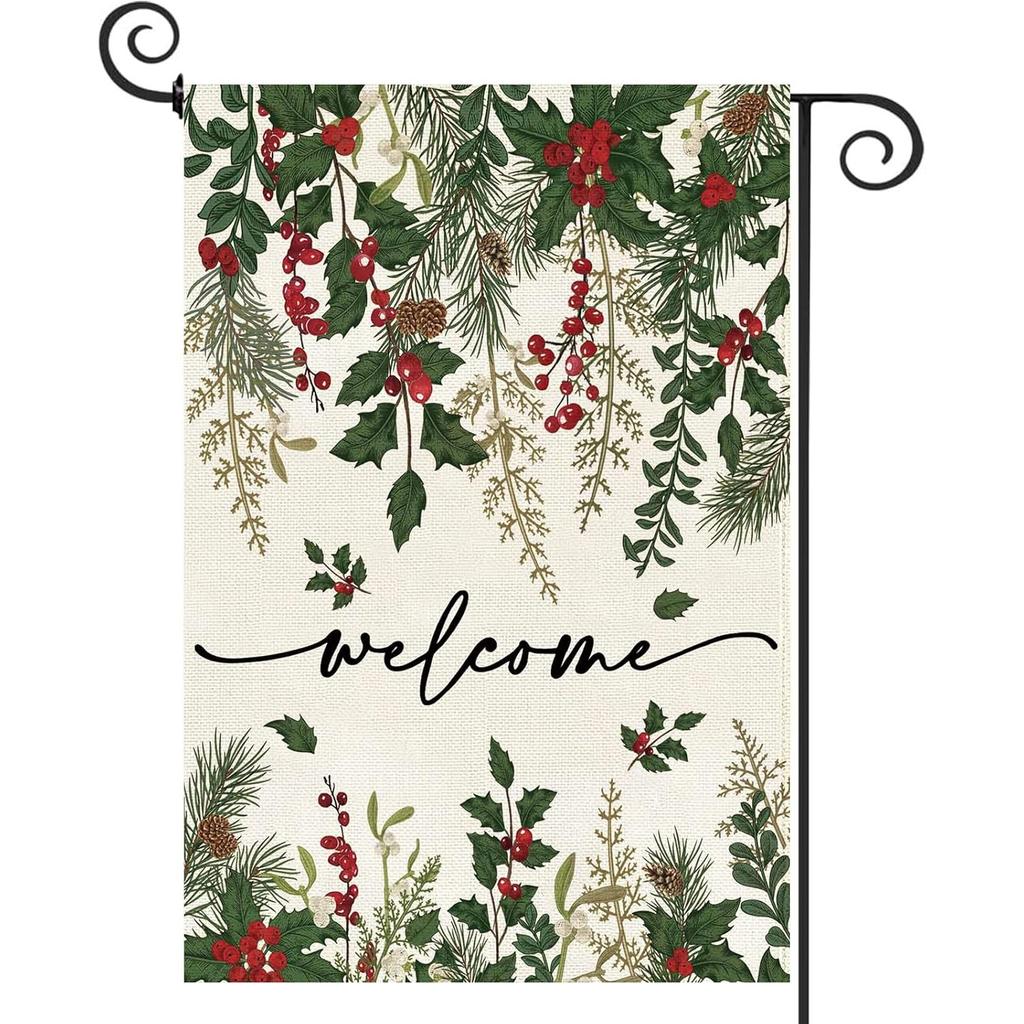 Welcome The Winter Season with This Vintage-Style Garden Flag Featuring Holly Red Berries And Poinsettias, Perfect for Outdoor Holiday Decorations