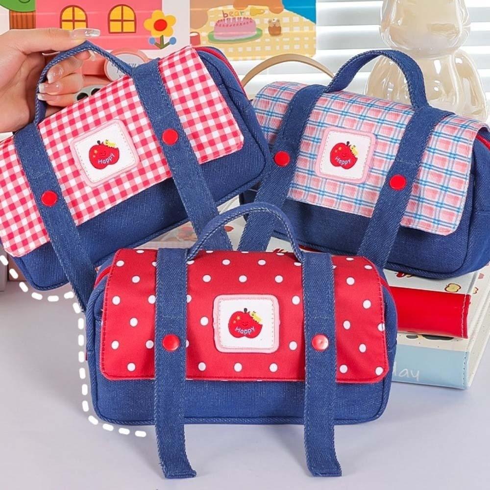 Plaid and Dots Fruit Cowboy Pencil Case Denim Dopamine Pencil Pouch Grid Stationery Bag  Girls