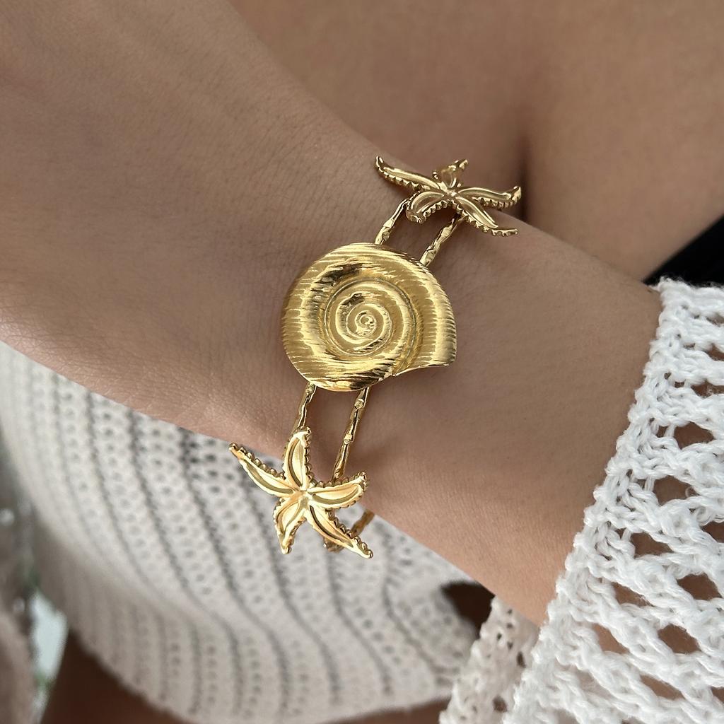 Vintage Punk Stainless Steel Ocean Series Wide Cuff Bangle for Women Gold Plated Starfish Conch Turtle Bracelet Beach Jewelry