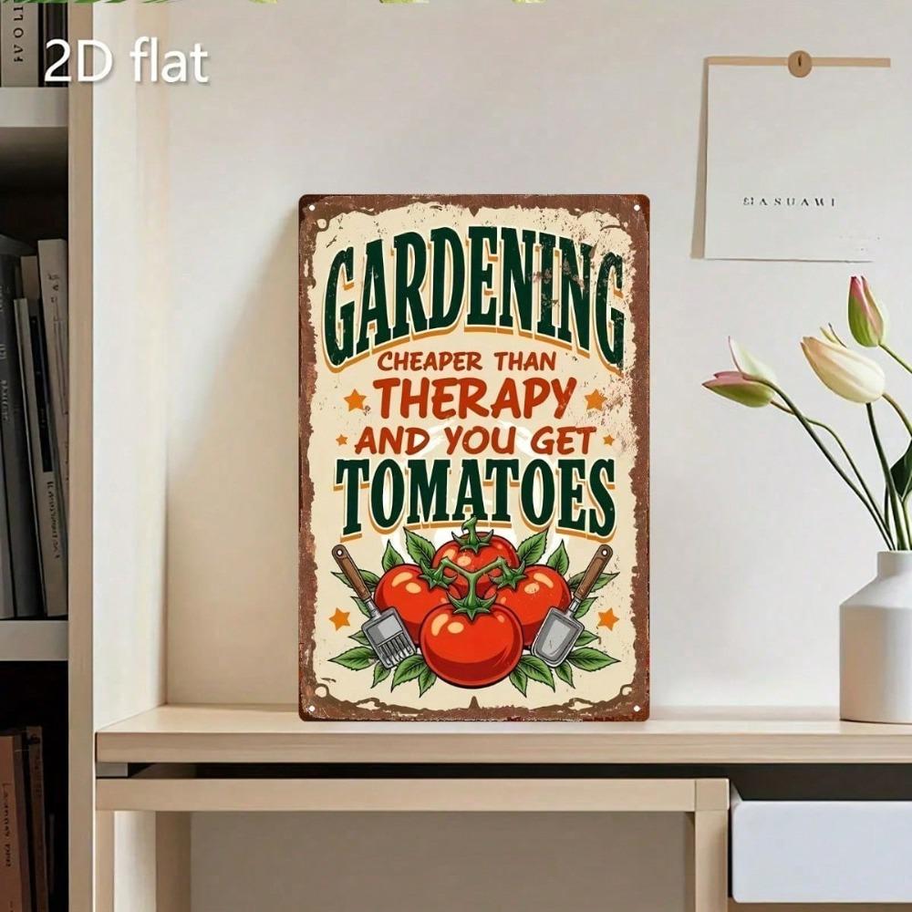 Vintage Tomato Metal Sign 8x12, Rustic Green Brown Gardening Tools Tin Plaque, Funny Garden Quote Wall Art Decor