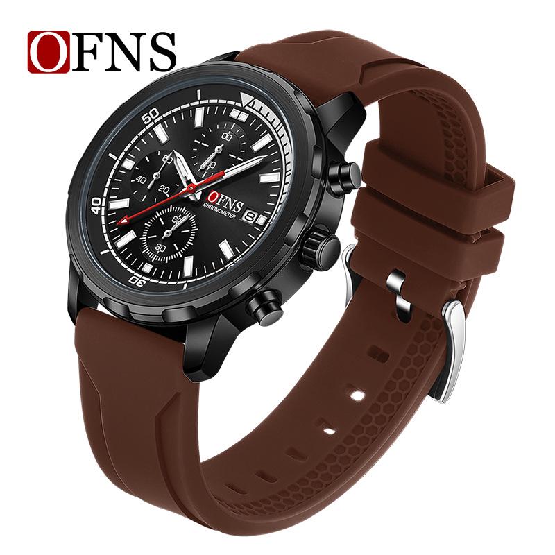 Silicone Waterproof Men s Sports Watch, Steel Strap, Calendar, Quartz Movement, Six-Hand Chronograph.