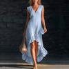 2026 Nouvelle Mode Romantique Sans Manches Col en V Ourlet à Volants Lin Longue Robe pour Vacances d'Été