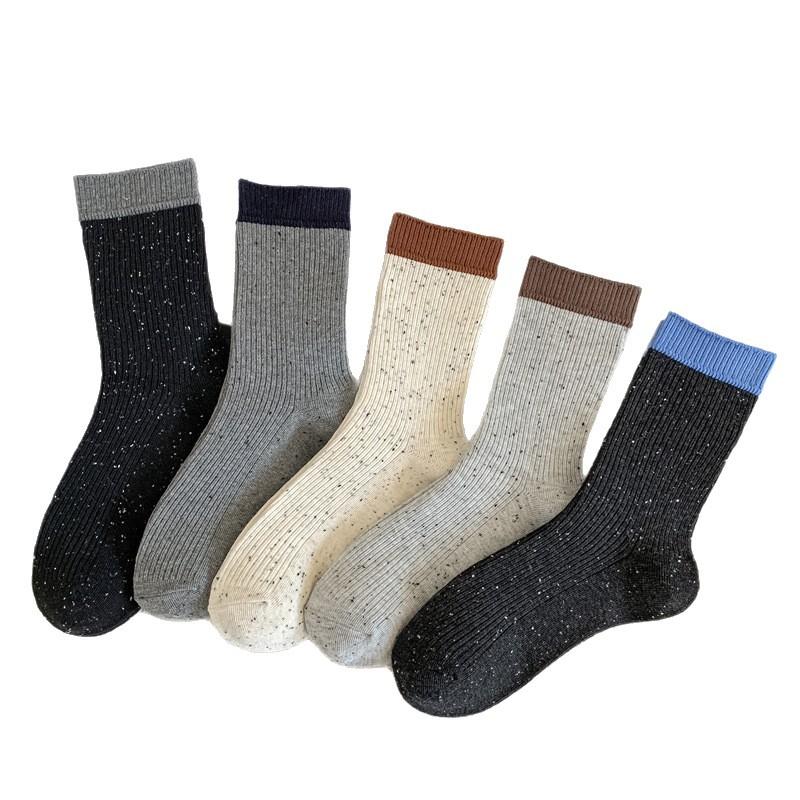 Spring and Autumn Cotton Yarn Dotted Mid-calf Socks with Contrasting Colors, Winter Long Calf Pile Socks