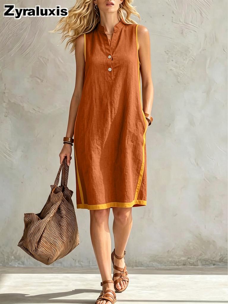 New Women's V-Neck Sleeveless Casual Loose Linen Dress