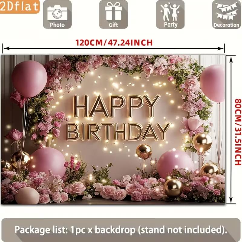 2D Pink Floral Happy Birthday Backdrop for Women/Girl Birthday Party Decoration