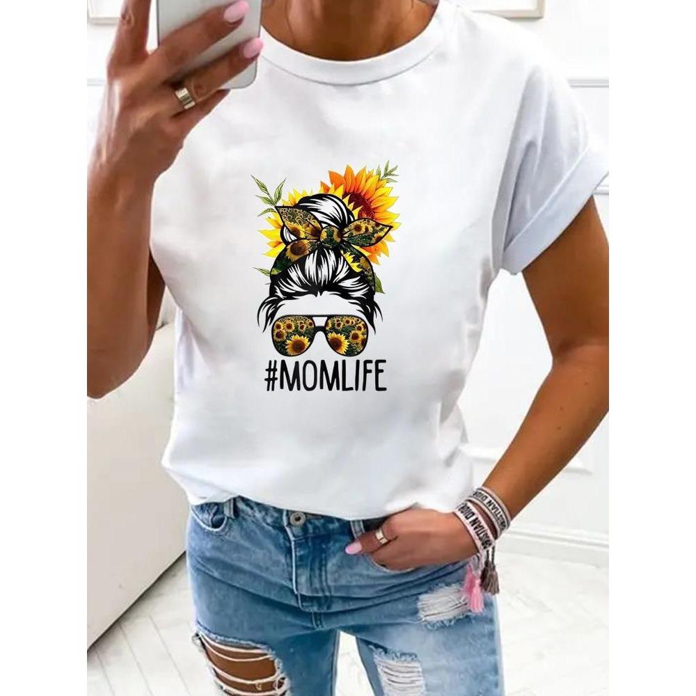 Women Flower Mom Mama 90s Trend Fashion Clothes Print T Shirt Clothing Summer Basic Top Short Sleeve Tee Graphic T-shirts
