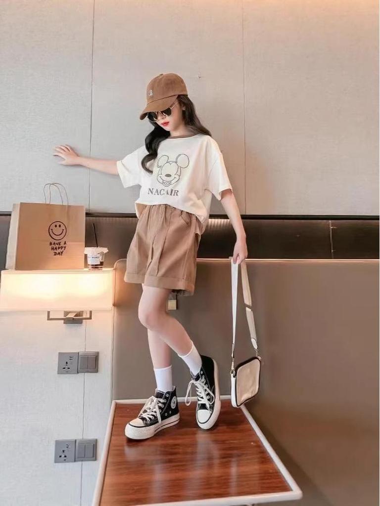 Korean Style Cartoon Print Sporty Shorts & T-shirt Set (Girls' Summer 2026)