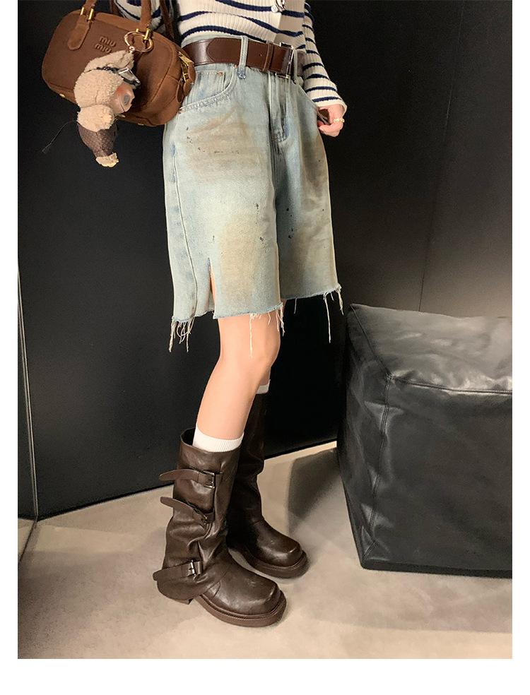 Grape mother two versions of height increase fashionable new belt buckle square round head fold medium tube knight boots boots women's autumn