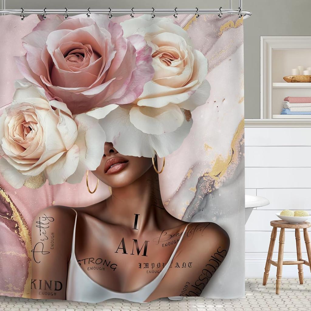 African American Flower Shower Curtain, Black Girl Marble Design, Inspirational Motivational Print, Waterproof Polyester