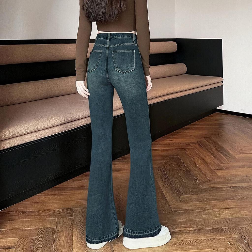 TonLion Autumn Winter Women's Slim Fit Frayed Hem Flared Denim Jeans