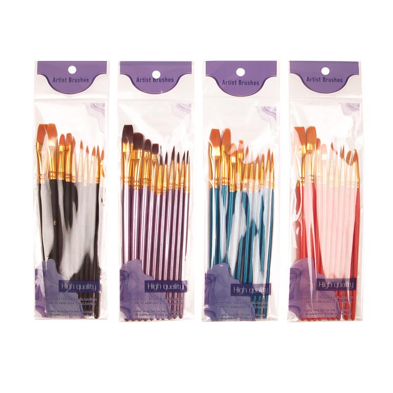 Nylon Gouache & Oil Painting Brush Set - 10 Pcs Flat Brushes with Red & Blue Handles