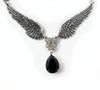 Gothic Punk Ancient Silver Angel Wings Black Water Drop Pendant Necklace for Women Men Charm Choker Chain Jewelry Accessory Gift