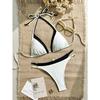 Contrast Color Bikinis Set Women Inner Lining Double Edge Trim Adjustable Halter String Triangle High Cut Swimwear