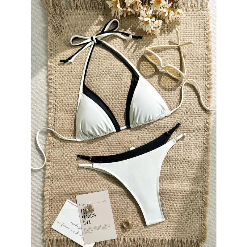 Contrast Color Bikinis Set Women Inner Lining Double Edge Trim Adjustable Halter String Triangle High Cut Swimwear