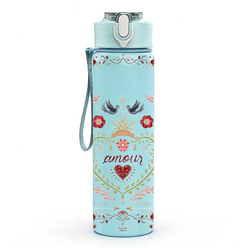 1PC Lace Heart Bow Romantic Vintage Pattern 750ml Color Plastic Sports Water Bottle Leakproof Flip Straw Lid Suitable for Sports Office Home Use