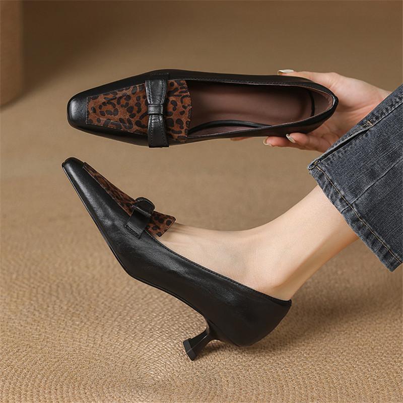 Fashion New Spring/autumn Genuine Leather Women Shoes Square Toe Shoes for Women Fashion Mixed Color Mid Heels Leopard Print Women Pumps