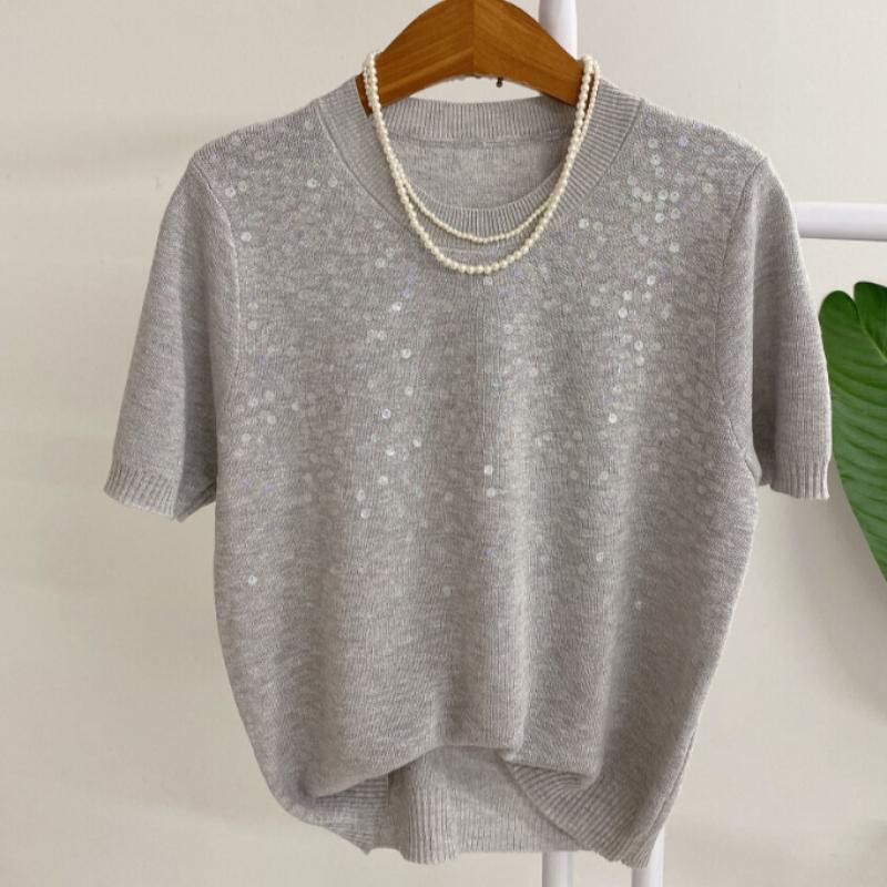 Honey J Creha Sequin Bead Round Short Sleeve Knit 3 Color
