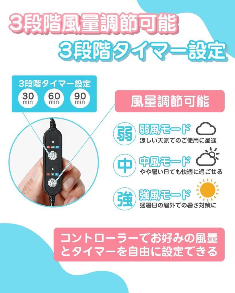 SAMONIC Stroller Stroller and Child Seat Protector Mat with Fan Large Capacity Detachable Airflow Timer Heat Heatstroke Prevention Fan-Equipped Seat,