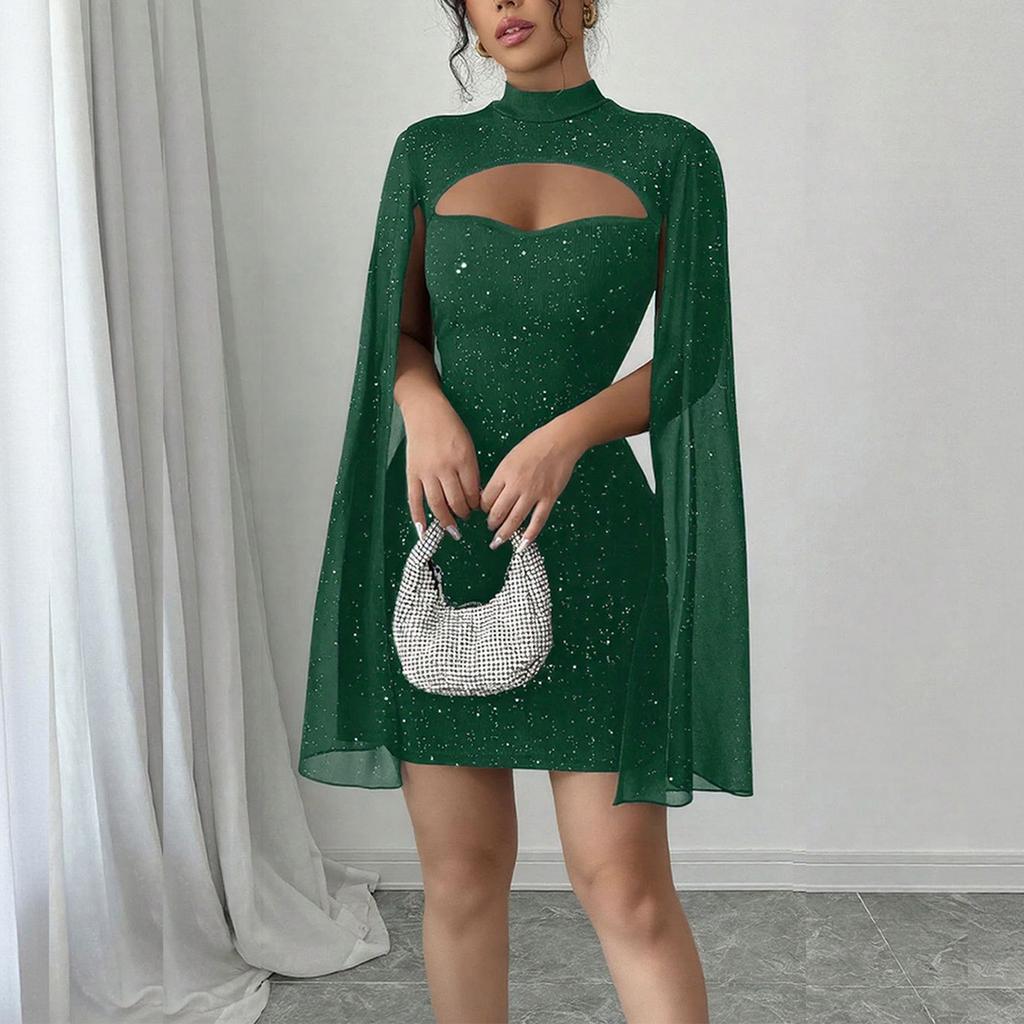 Womens Summer Round Neck Ribbed Pearl Chiffon Cape Bodycon Dress Elegant Slim Fit Mini Dress