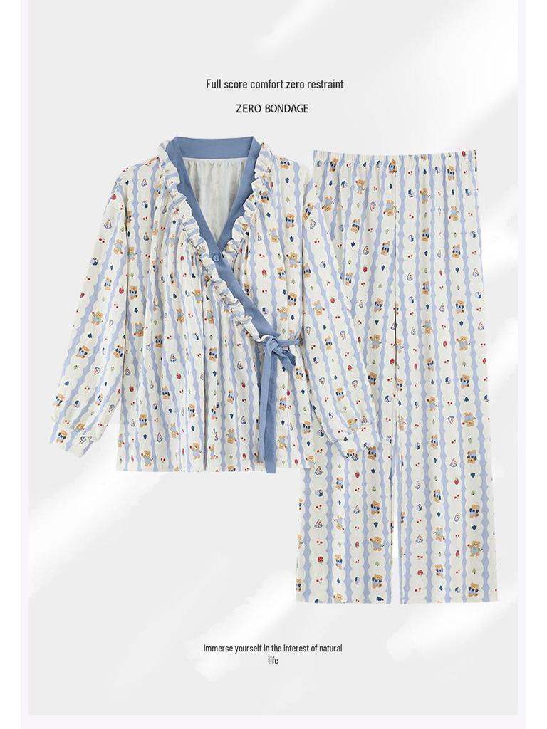 Damski kreskówkowy zestaw piżamowy z wkładkami na biust - Wiosenno-jesienna bawełna o fakturze chmury, Kardigan z długim rękawem, Cienki szlafrok, Odzież domowa i do noszenia na zewnątrz