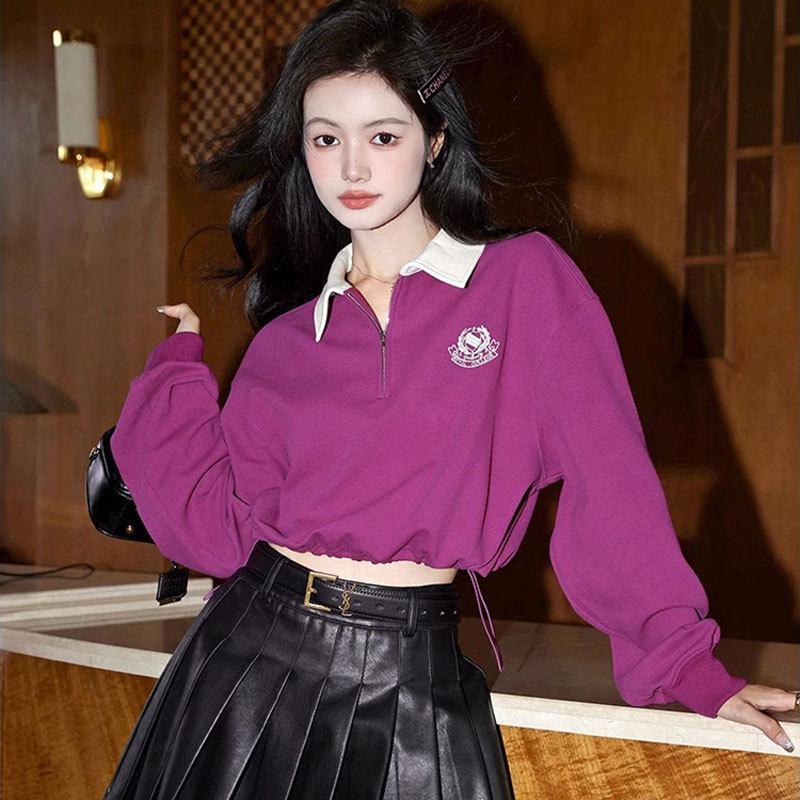 Women's Black Retro Polo Collar Half-Zip Sweatshirt - Petite, Long Sleeve, Spring/Autumn Lazy Style Top