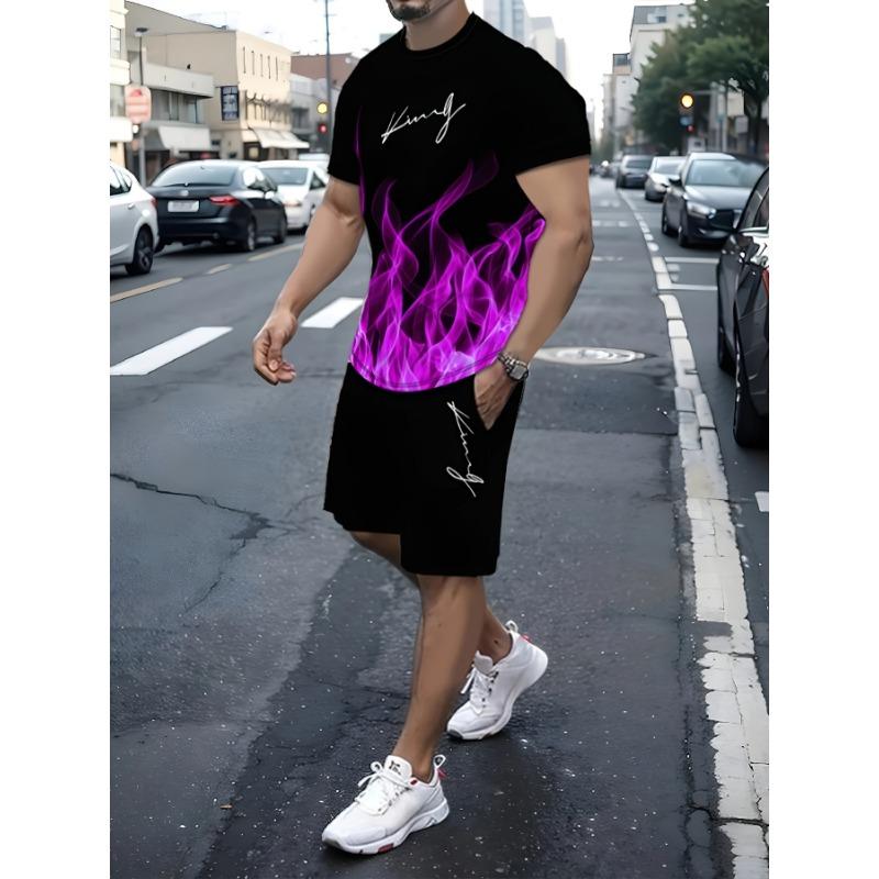 Flame Pattern "King" Print, Men's 2-piece Set, Summer Casual Round Neck Short Sleeved T-shirt and Drawstring Shorts Set, Home and Vacation Outfit
