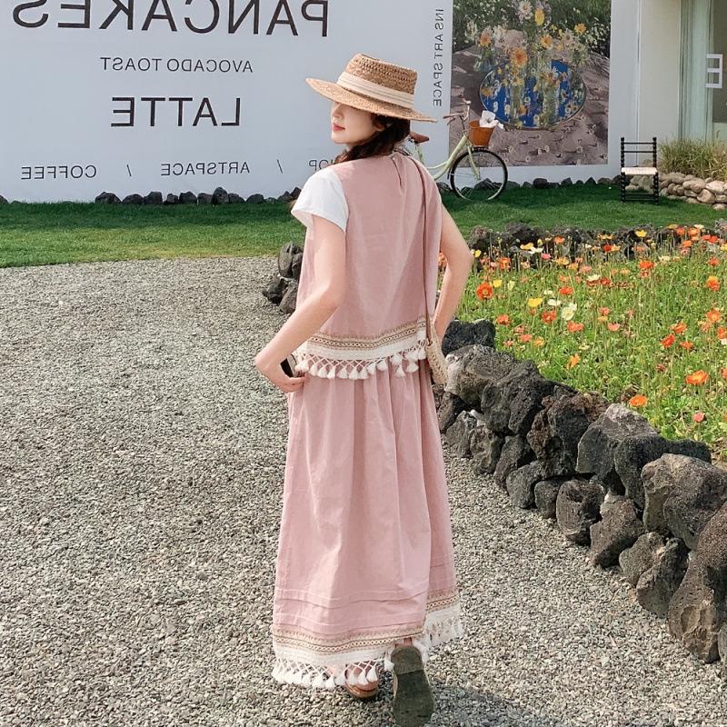 Pink Salt Sweet Wear with Fringed Sleeveless Vest Set Women's Summer New Fashion Skirt Two-piece Set