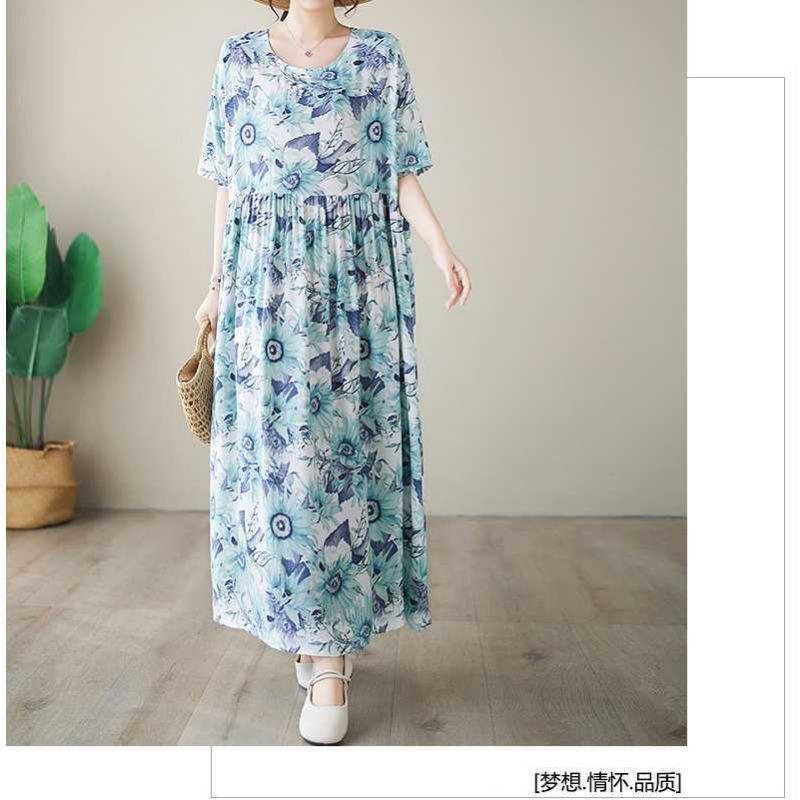 Einfache Mode Sommer Neu Vergrößerte Kurzarm Rundhals Bedruckte Kleider