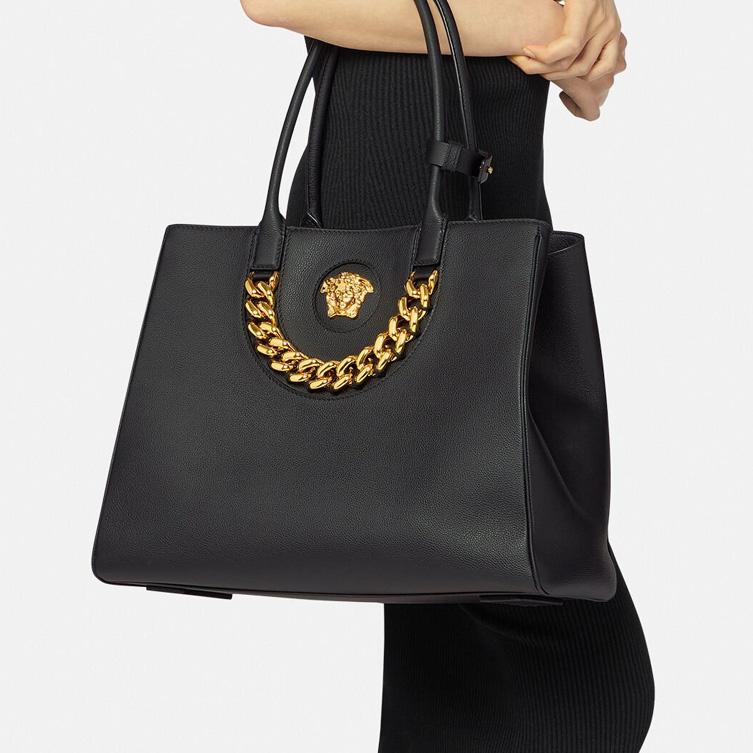 Versace La Medusa Classic Solid Color Large Chain Commuter Fashion Tote Bag Women Tote Bags Black 1004462-DVIT2T-1B00V
