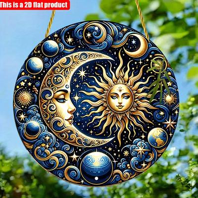 Pendentif en bois 2D plat 20 x 20 cm, 1 pièce, logo soleil et lune bleu, décoration murale de style nostalgique et mystérieux, idéal pour la chambre, le salon ou la maison.