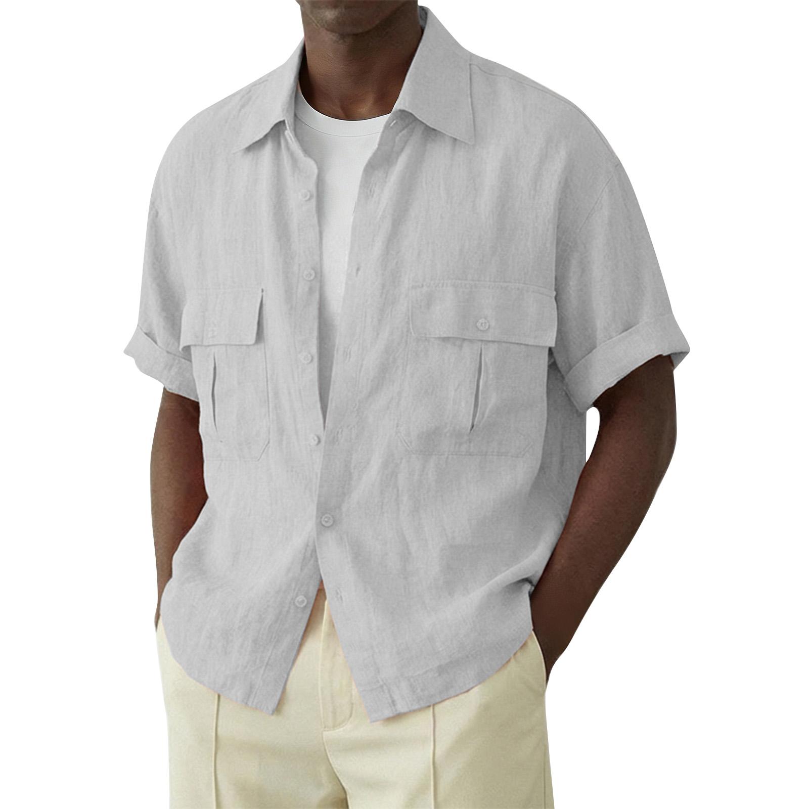 

Men s Spring/Summer Casual Cotton-Linen Blend Outdoor Collared Short-Sleeve Shirt XL білий