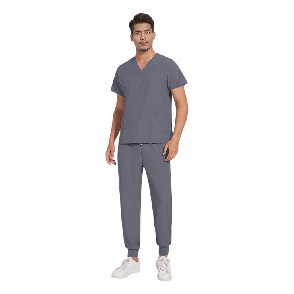 Soild Scrub Working Uniform Suit For Men's Cross V-Neck Short Sleeve Fun T-Shirts Workwear Tee With Pockets