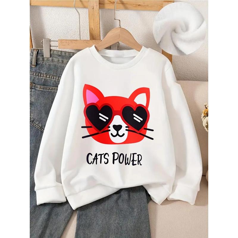 European sizes Kids' Crewneck Sweatshirt - Cats Power Heart Fashion Glasses Cat Face , Sportswear And Casual Wear, Soft And Comfortable