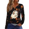 Women's Casual Halloween Print V-Neck Long Sleeve T-Shirt with Decorative Buttons