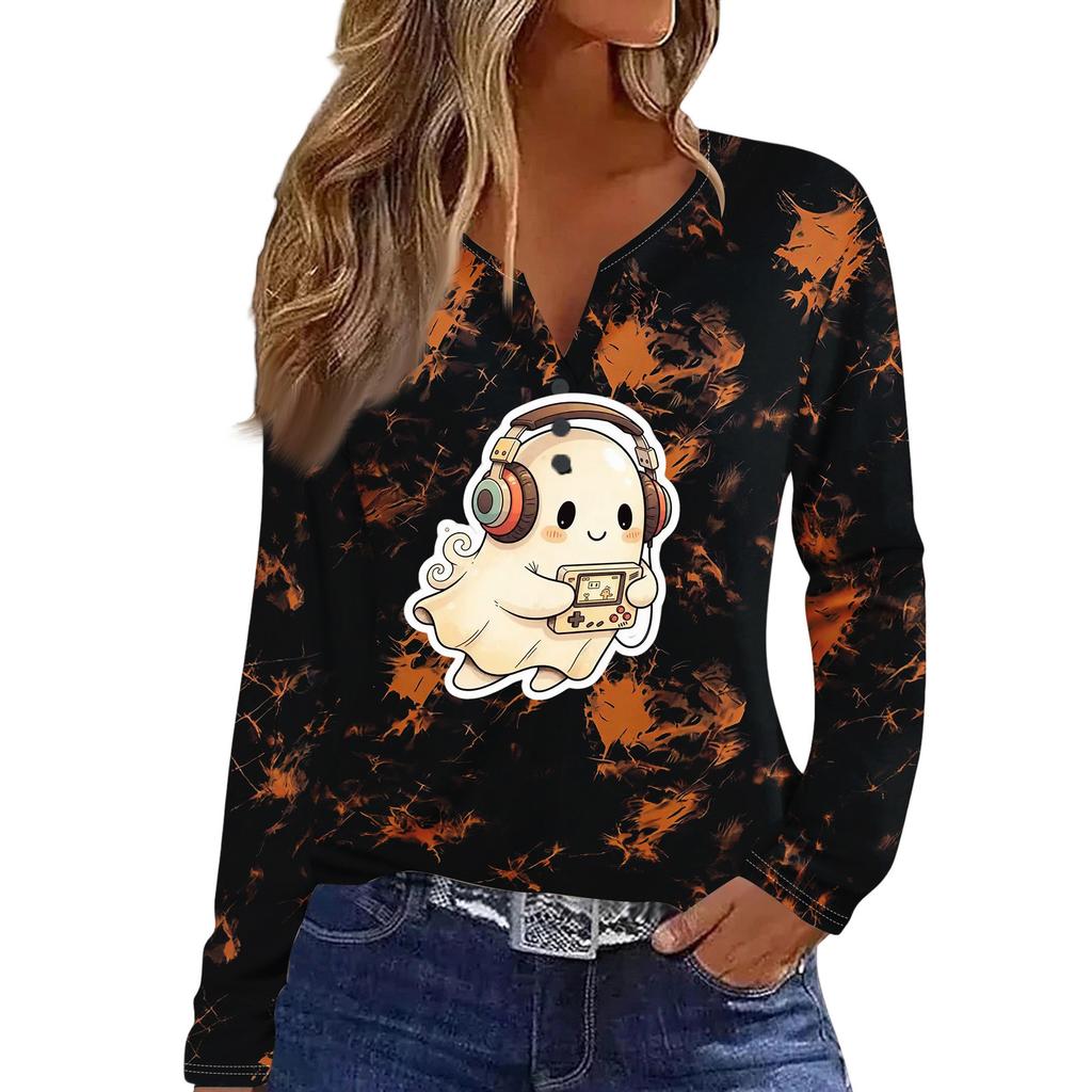 Women's Casual Halloween Print V-Neck Long Sleeve T-Shirt with Decorative Buttons