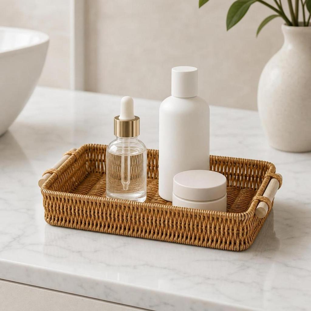 Serving Tray with Handles Natural Rattan Woven Basket Rustic