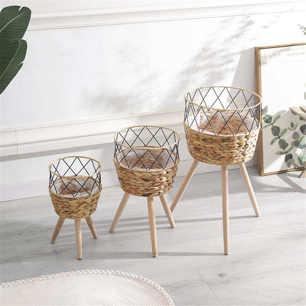 Handwoven Cattail Flowerpots Plant Basket Planter with Wood Stand Rack Indoor Outdoor Garden Storage Container Decors
