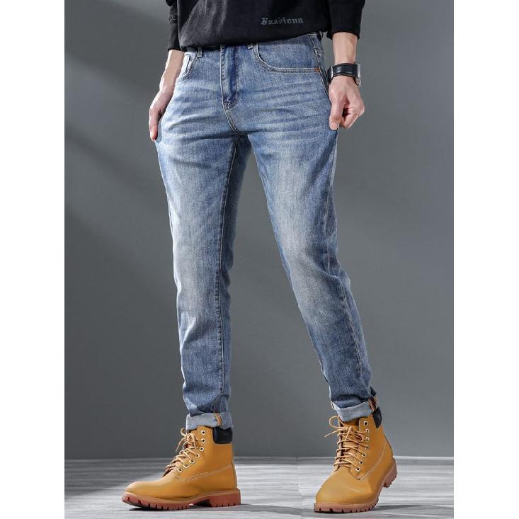 Summer Retro Washed Slim Fit Nine-point Jeans for Men Trendy Printed Versatile Korean Style Casual Stretch Skinny Pants