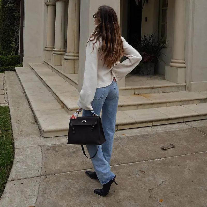 Ležérní pletený kardigan pro ženy Jednobarevný Slim O-výstřih Dlouhý rukáv Jednořadé zapínání Kapsa Dámské kabáty 2024 Podzim Nové Dámské pleteniny