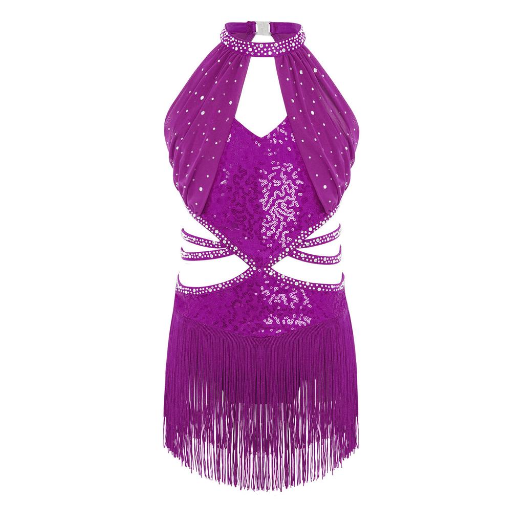 Dziewczęca Sukienka do Tańca Latynoamerykańskiego Bez Rękawów Marszczona Siateczkowa Góra Wycięcie w Talii Paski Błyszczące Frędzle Cyrkonie Płatki Sequins Body