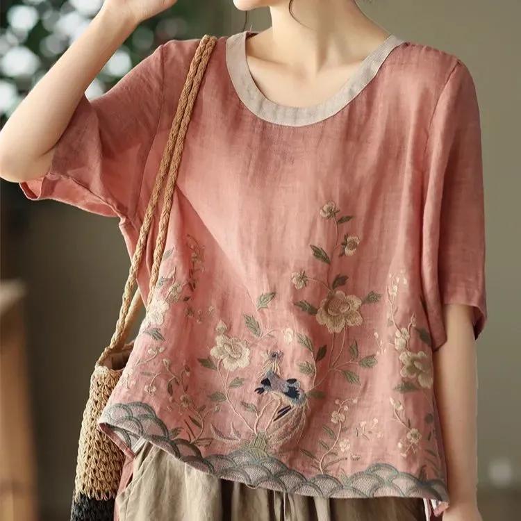 Damen Tops Rüschenärmel Geknöpfte Baumwollleinenbluse Damenmode Stickerei Gespleißt Einfarbig Sommer Weibliche Kleidung Vintage